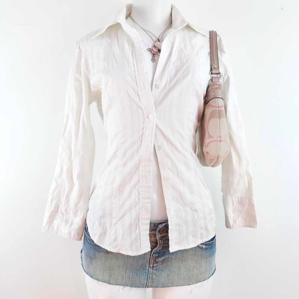 y2k white sheer textured button up blouse